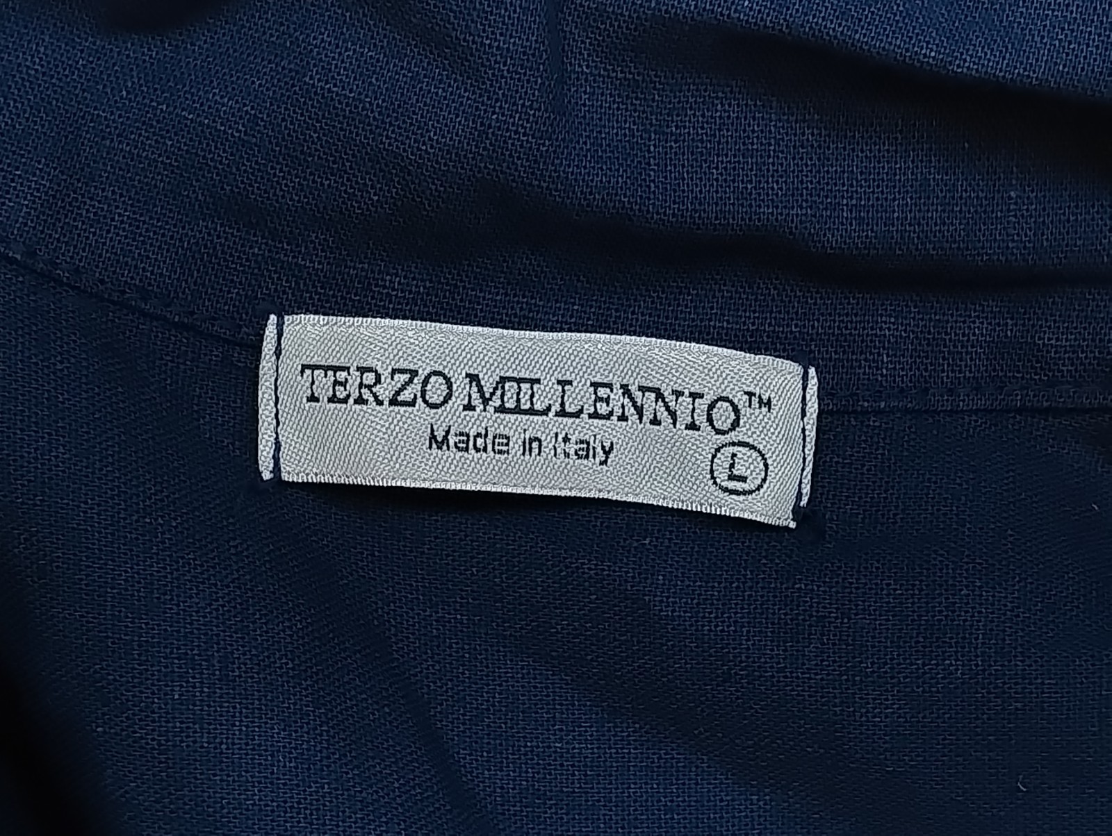 Terzo Millennio Navy Linen Blend V-Neck Tunic Dress Lg Made in Italy 3/4 Sleeve