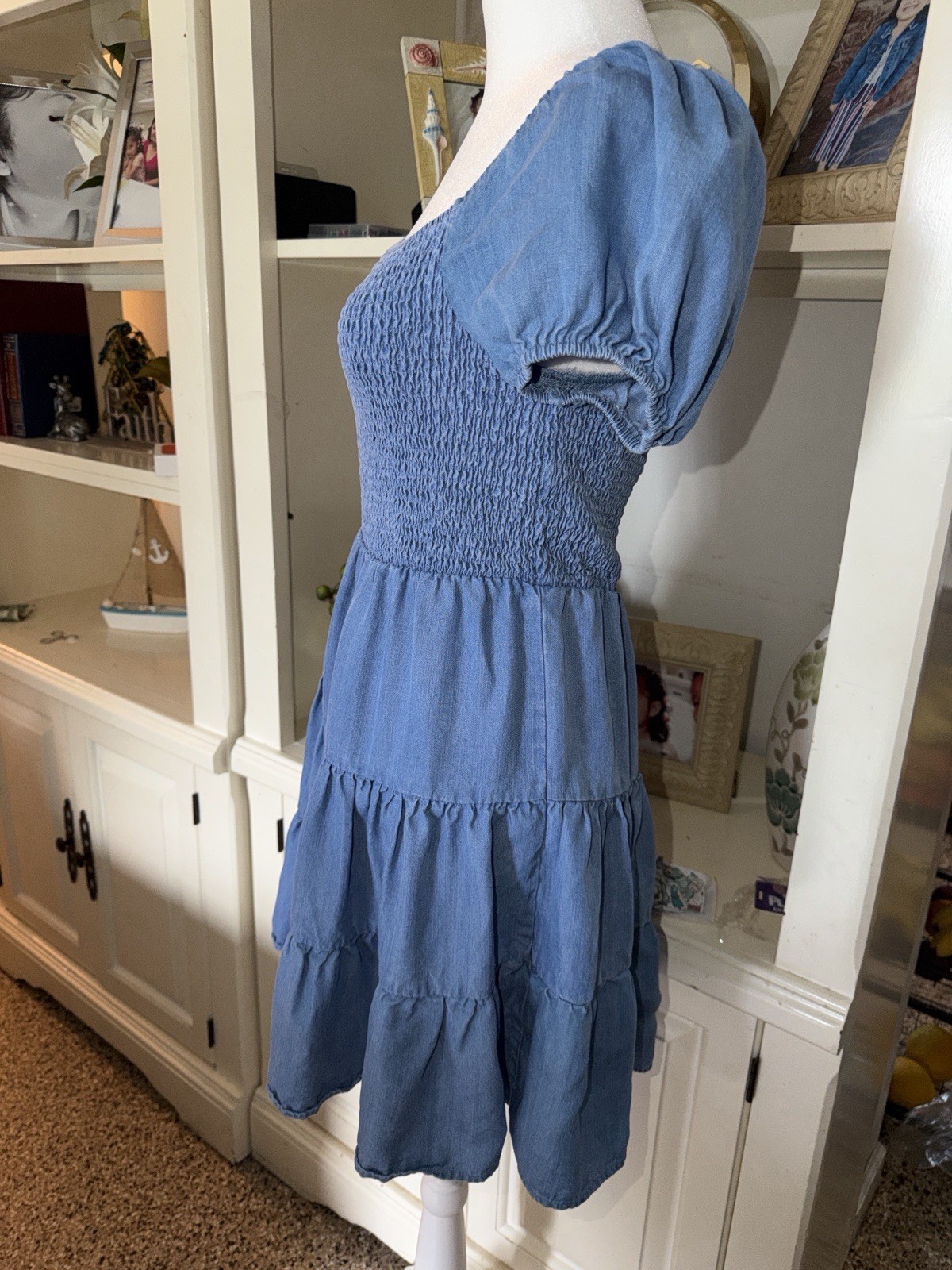 Harper & Ivy Blue Tencel Smocked Mini Dress Puff Sleeve Tiered Chambray Sm NWT