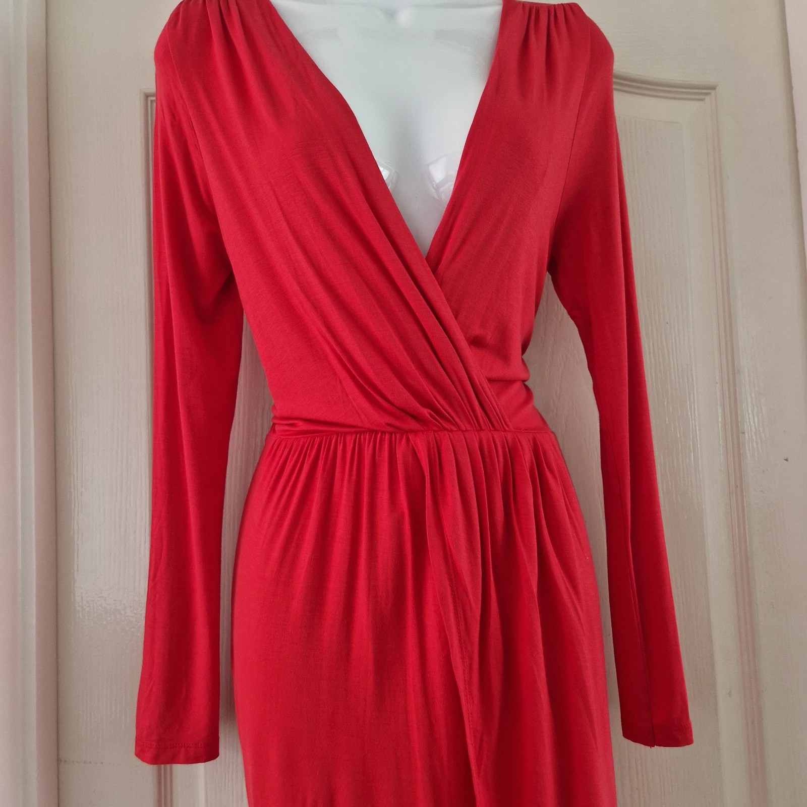 Asos Size 14 Red Dress Fit Flare Faux Wrap Jersey Stretch Drape Soft Evening