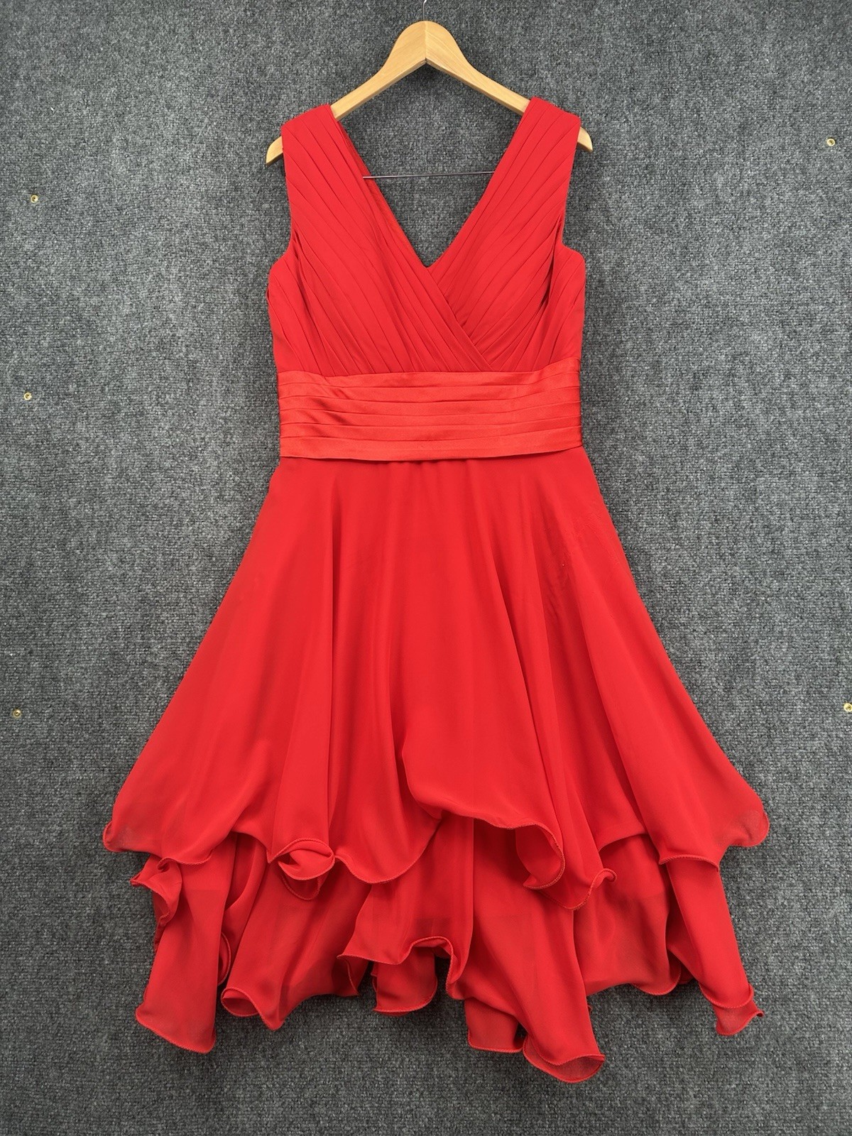 Dress First Red Chiffon Cocktail Dress Pleated V-Neck Bodice Tiered Ruffle Skirt