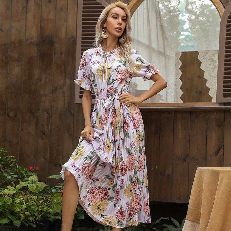 Ruffle Neck Pleated Dress