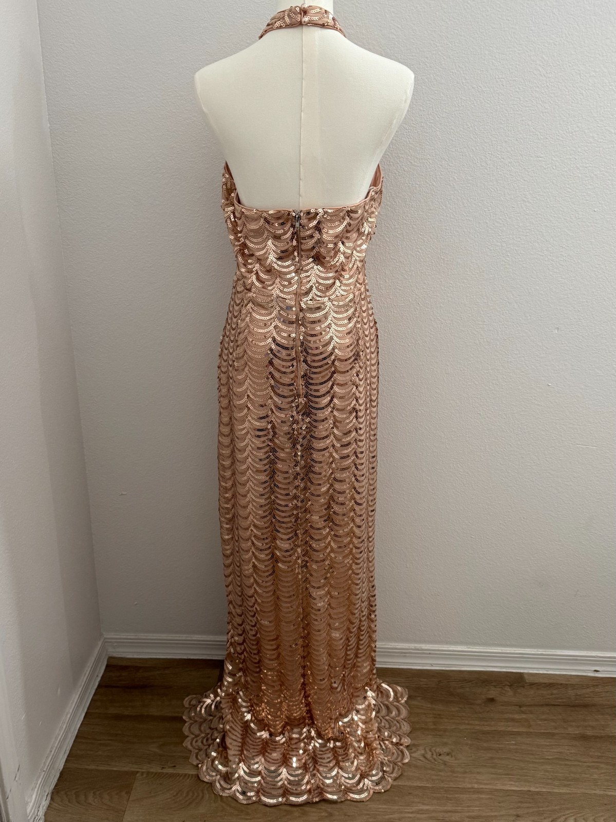 Lulus L Rose Gold Sequin Halter Maxi Dress Slit Formal Party Gala Wedding Guest
