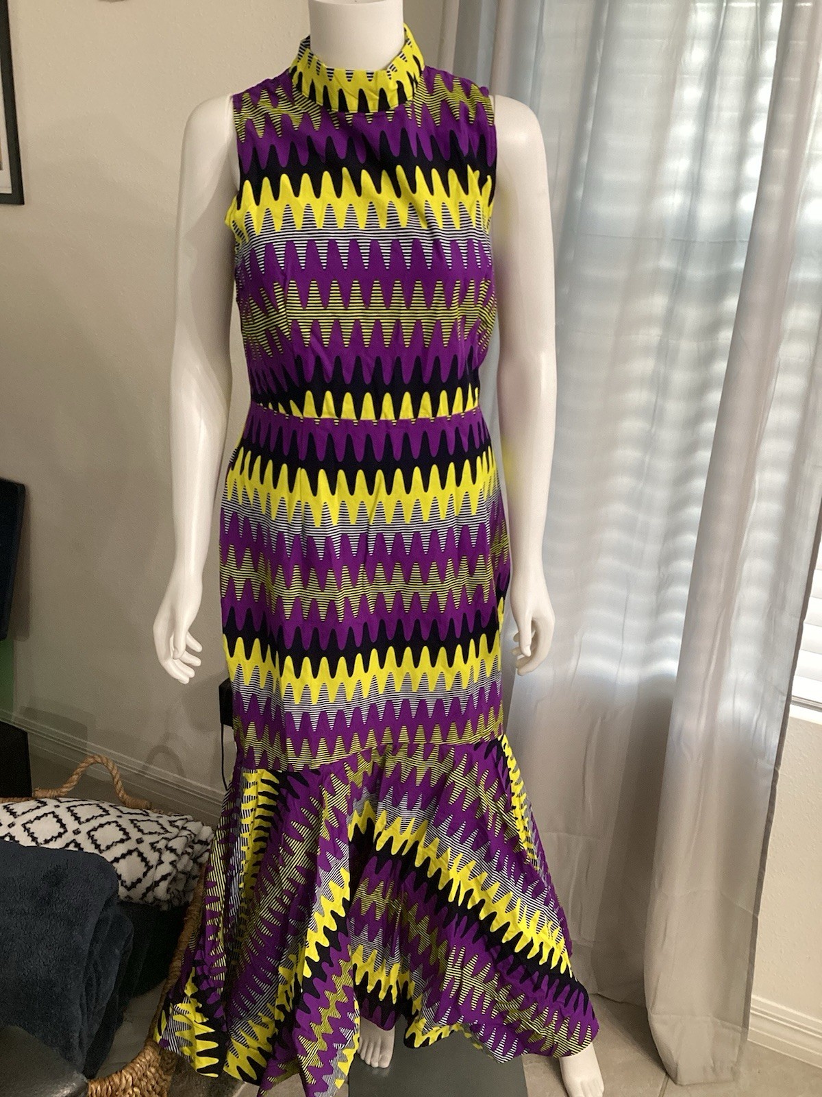ÖFUURË Ankara Print Midi Mock Neck Peplum Dress Mermaid Hem Sleeveless Women L