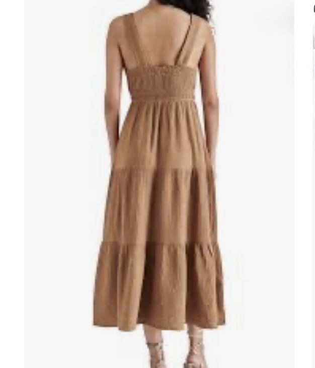 Steve Madden Amira Tiered Cotton Midi Dress Gauze Smocked Brown Tan Toast Size S