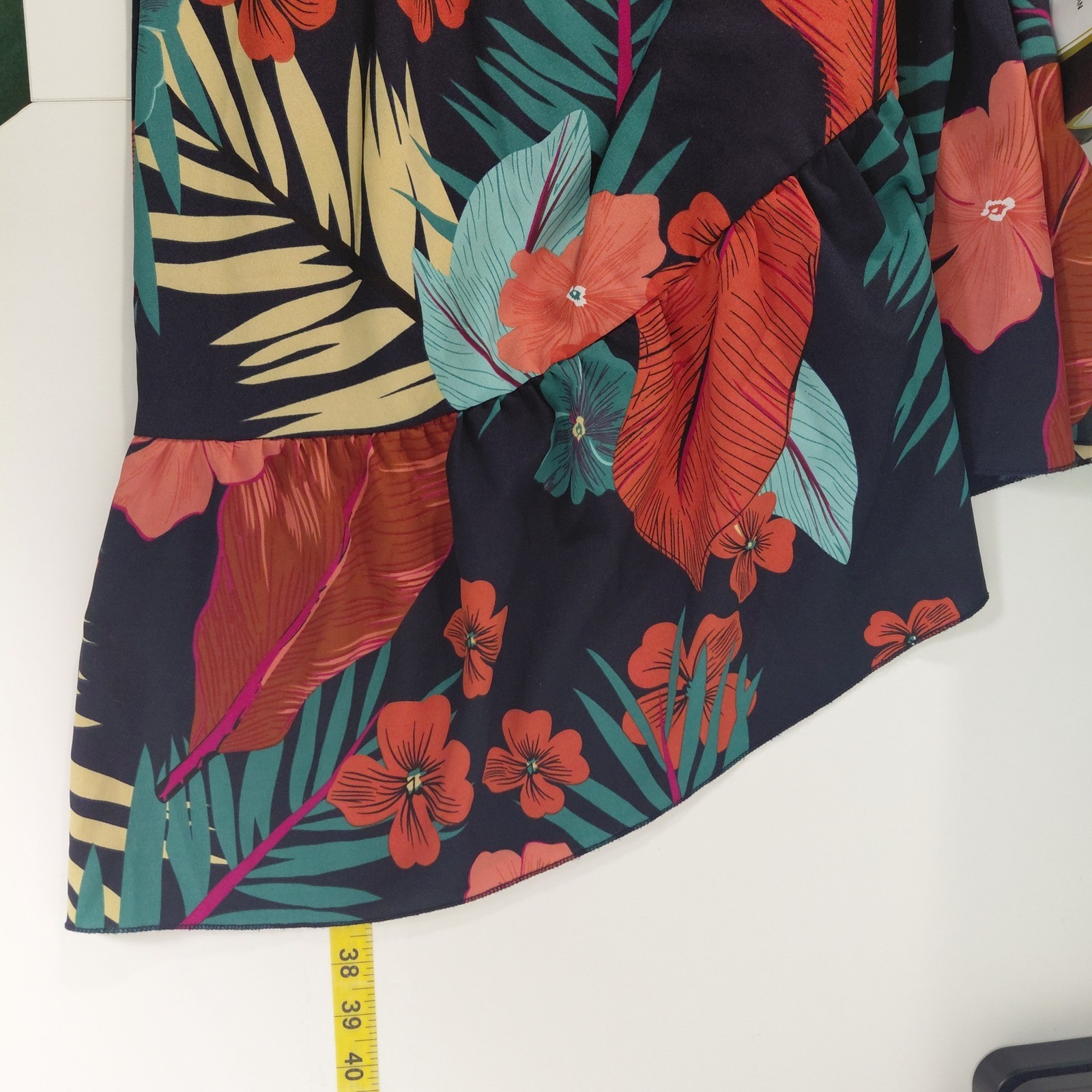 Tropical Floral V-Neck Ruffle Mini Dress Flutter Sleeve Tie Back High Waist ?Lg?