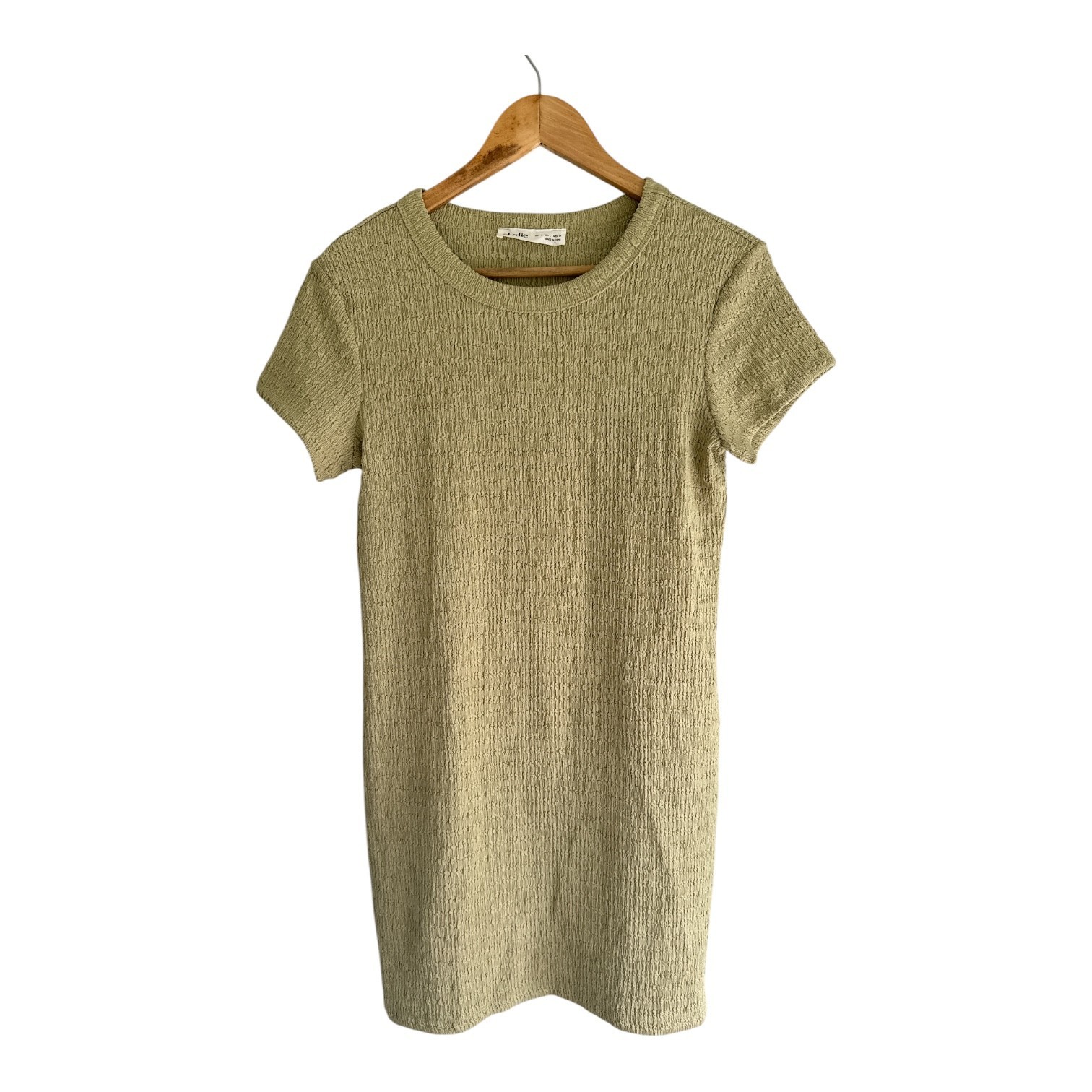 Elodie Sage Green Smocked Bodycon Mini Dress L Textured Stretch Short Sleeve NWT