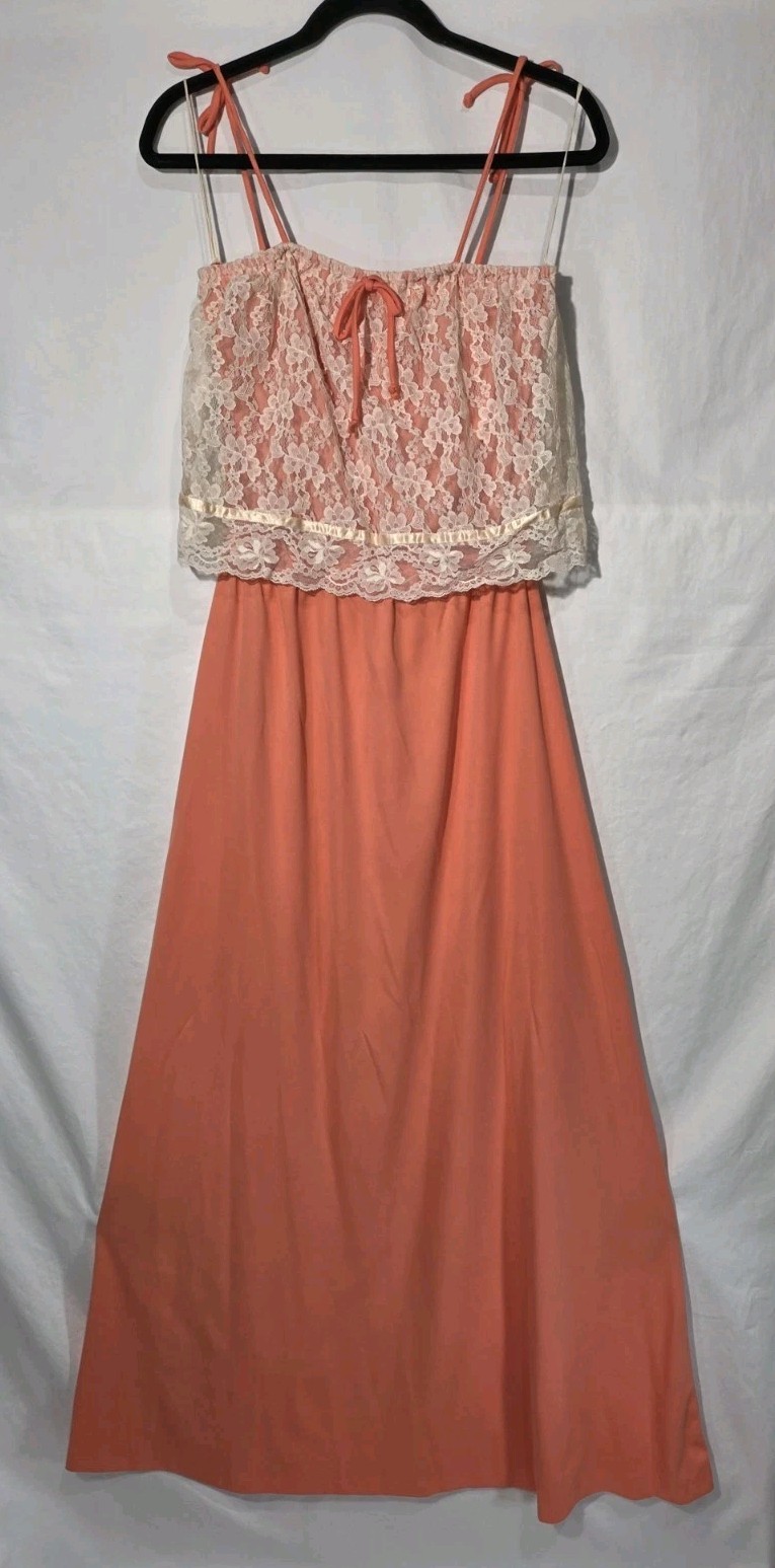 Vtg 60s 70s Maxi Dress Lace Overlay Coral Sz 16 Elastic Waist Tie Straps Boho