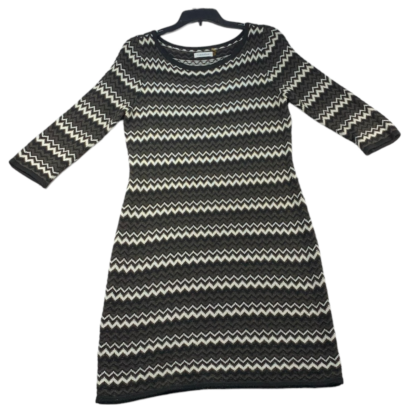 Calvin Klein Sweater Dress Womens size Large Black Brown White Knit 3/4 Sleeve