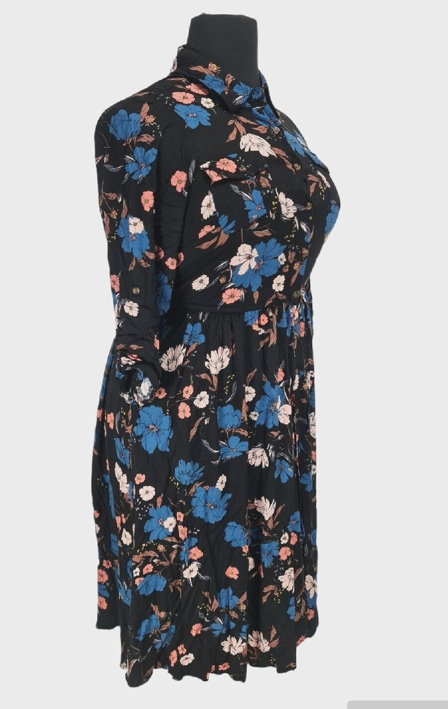 TORRID Women Button Up Shirt Dress Plus 0X Black Floral 3/4 Sleeve No Stretch