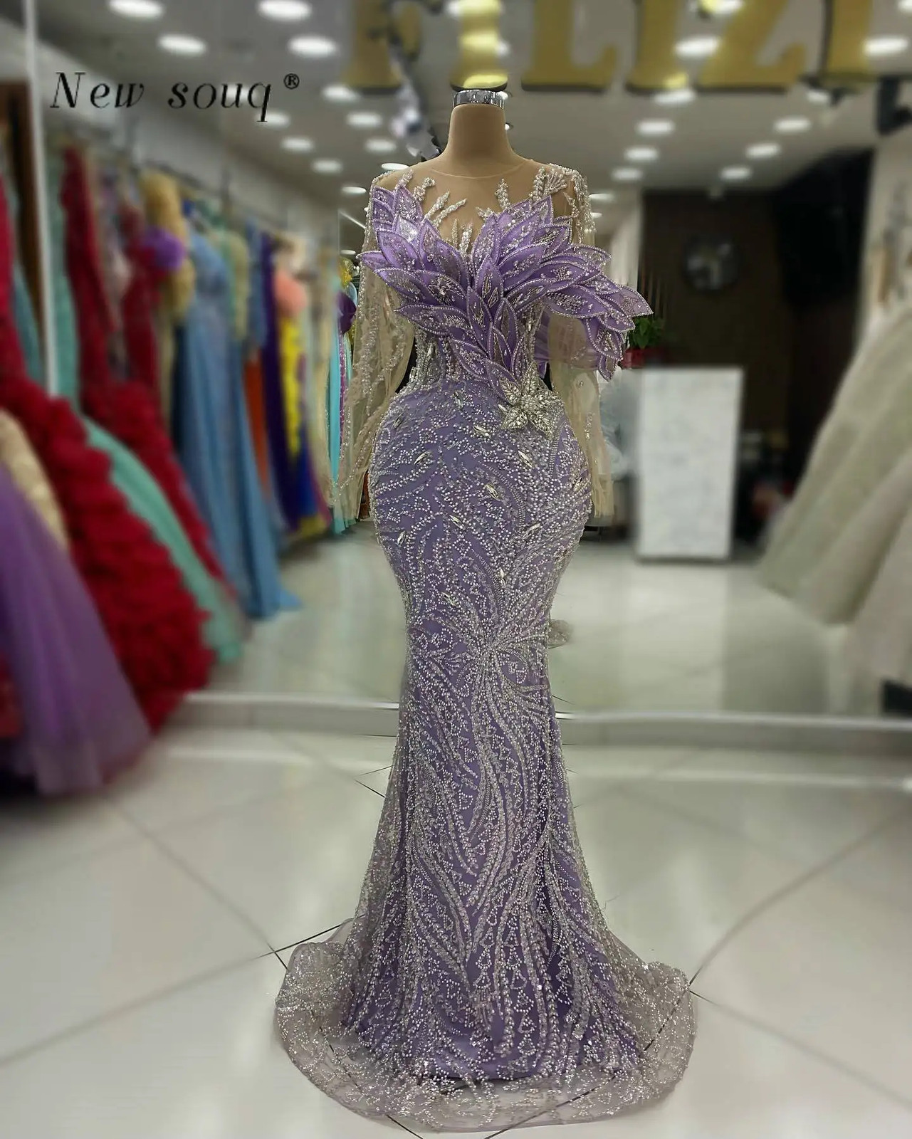 Lilac Purple Mermaid Evening Dresses Long Sleeves Crystals Beaded Party Gowns
