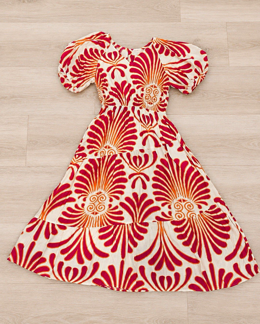 White Floral Square Neck Puff Sleeve Midi Dress S Cotton Elastic Waist