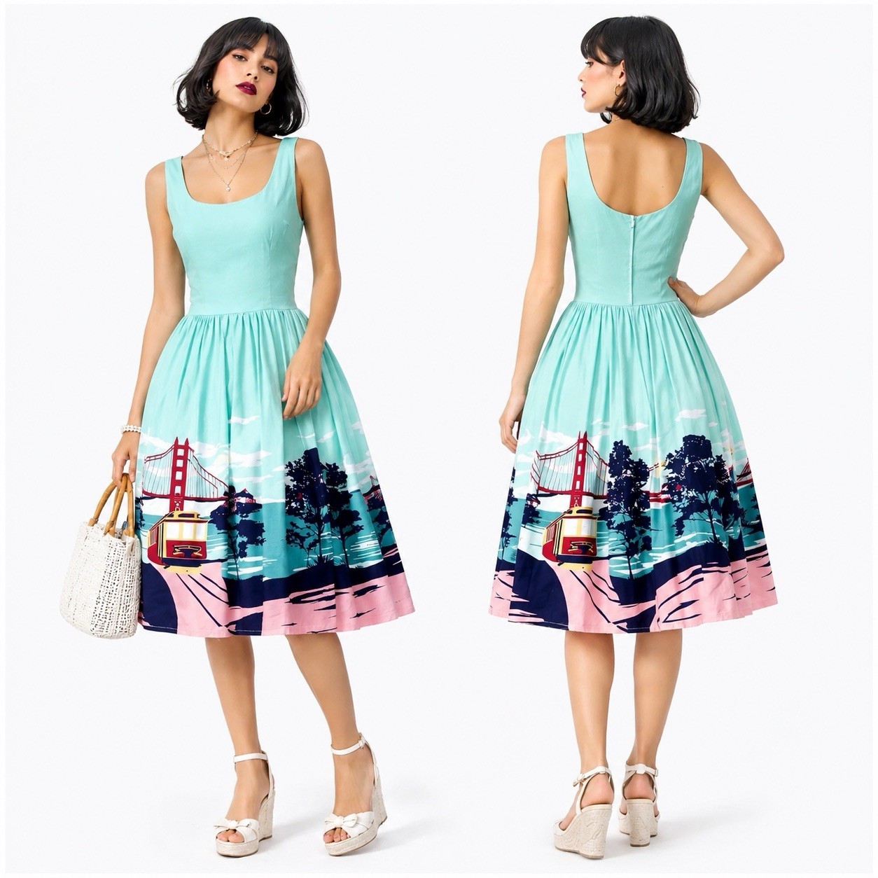 Collectif Retro 50s Fit N Flare San Francisco Novelty Print Cotton Dress S