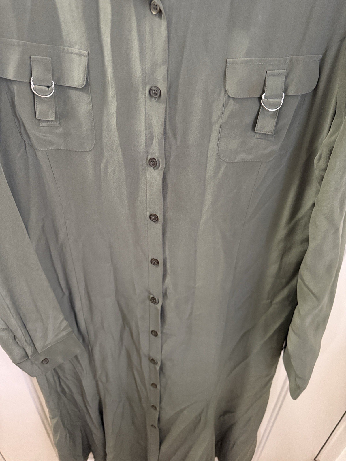 Spiegel Green Silk Solid Collared Button-Front Shirt Dress Long Sleeve Midi 16