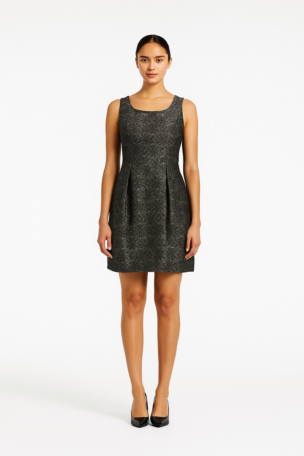 NWT YA Los Angeles Gray Metallic Floral Sleeveless Fit & Flare Dress L Ethereal*