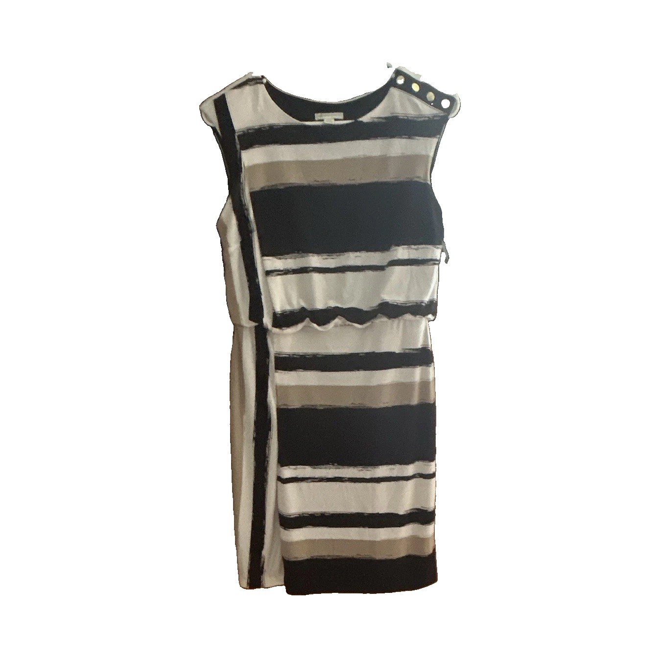 Cato Women’s XS Sheath Dress Striped Black White Beige Crew Neck Knee Button