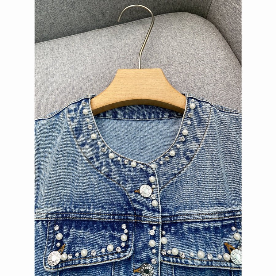 Sandro Ruffled edge V-neck Rhinestone Beaded Denim sleeveless Dresses Women’s