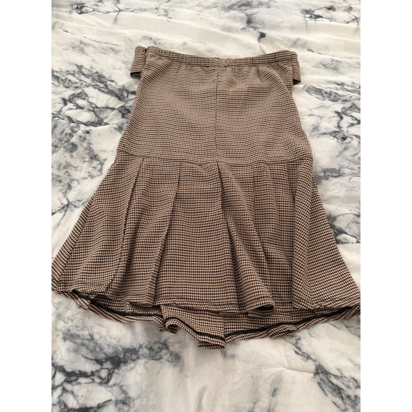 Brown Houndstooth Strapless Mini Dress Pleated Skirt Preppy Academia Dress