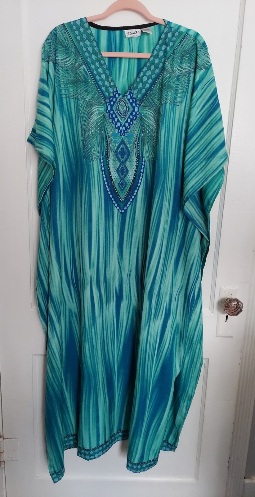 VTG 90s Sante’ Kaftan Maxi Dress Blue Tones OS Vacation Pool Party Resort wear