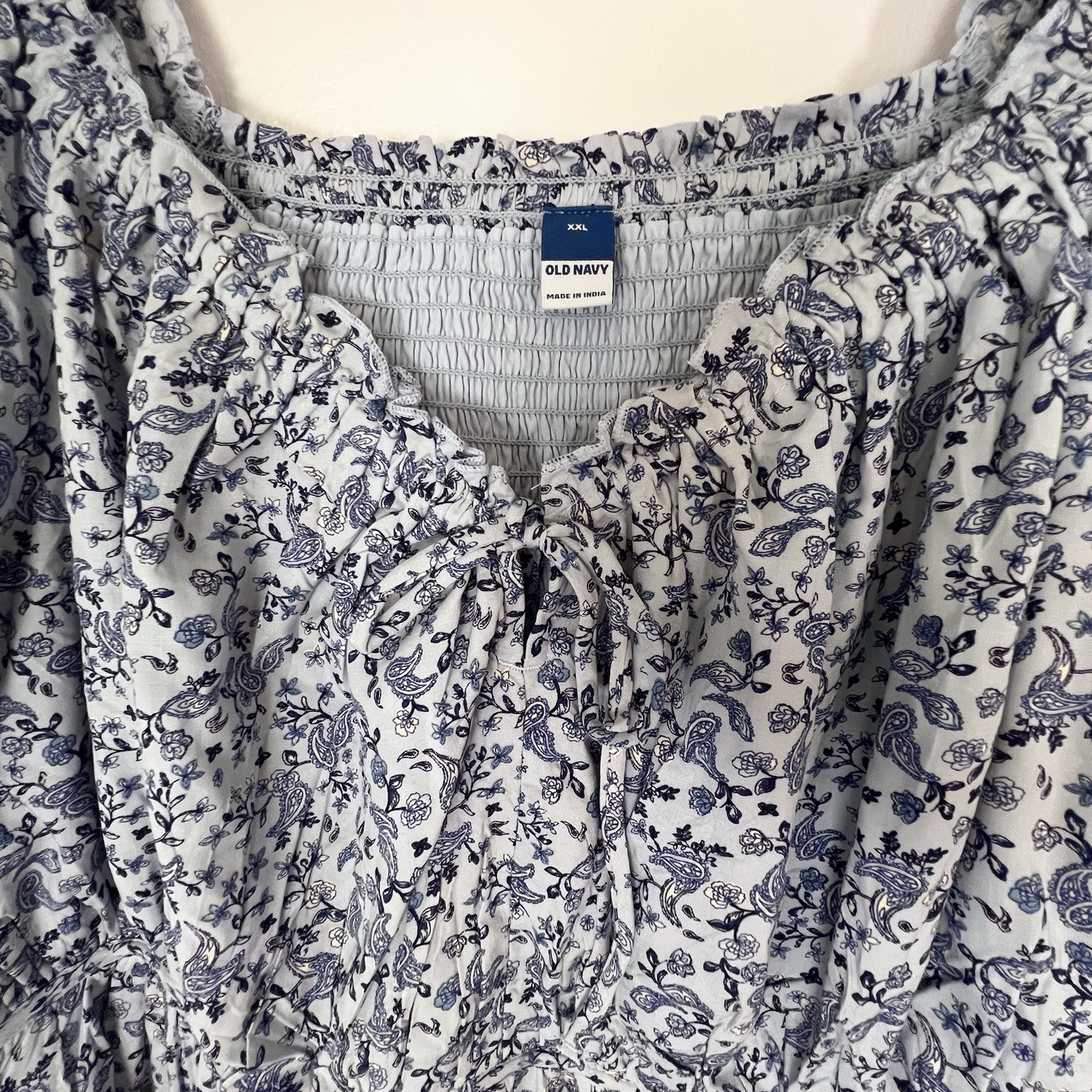 Boho Cottagecore Floral Peasant Dress XXL Smocked Babydoll Blue White