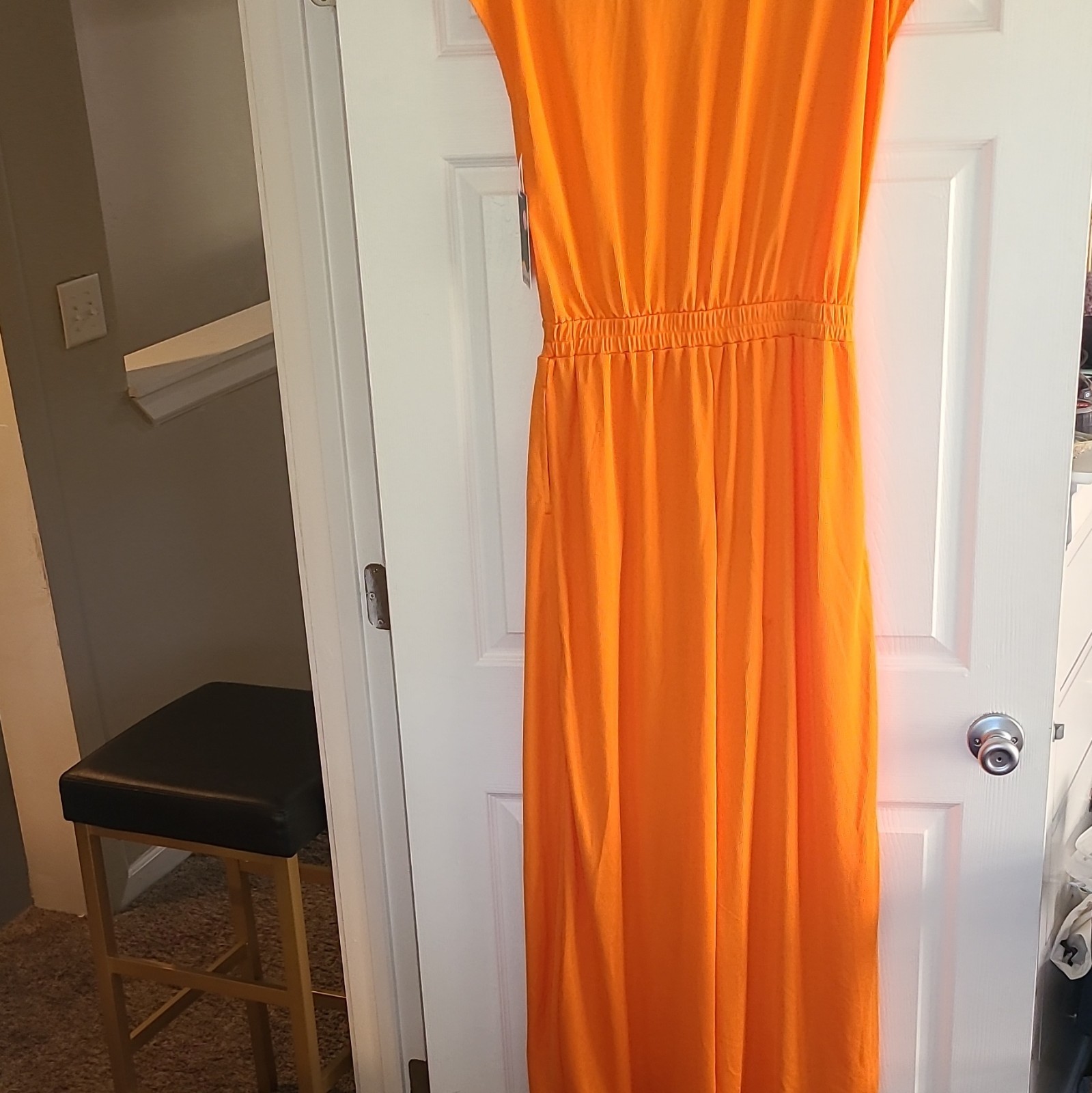 Halara Orange Solid Jersey Maxi Long Wide Leg Jumpsuit V-Neck Pleat