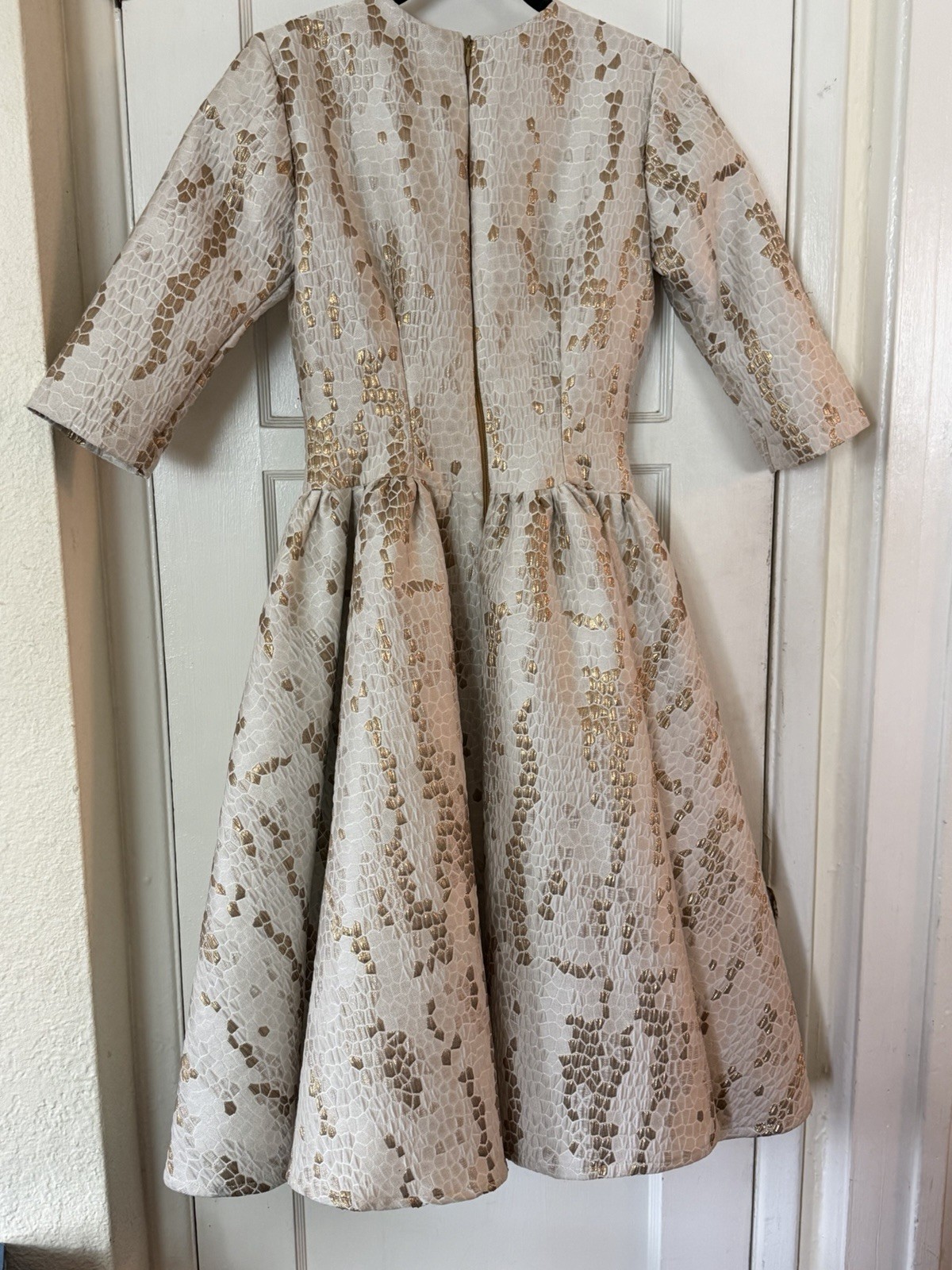 Ivory Gold Jacquard Geometric Fit & Flare Knee Dress 3/4 Sleeve Size S