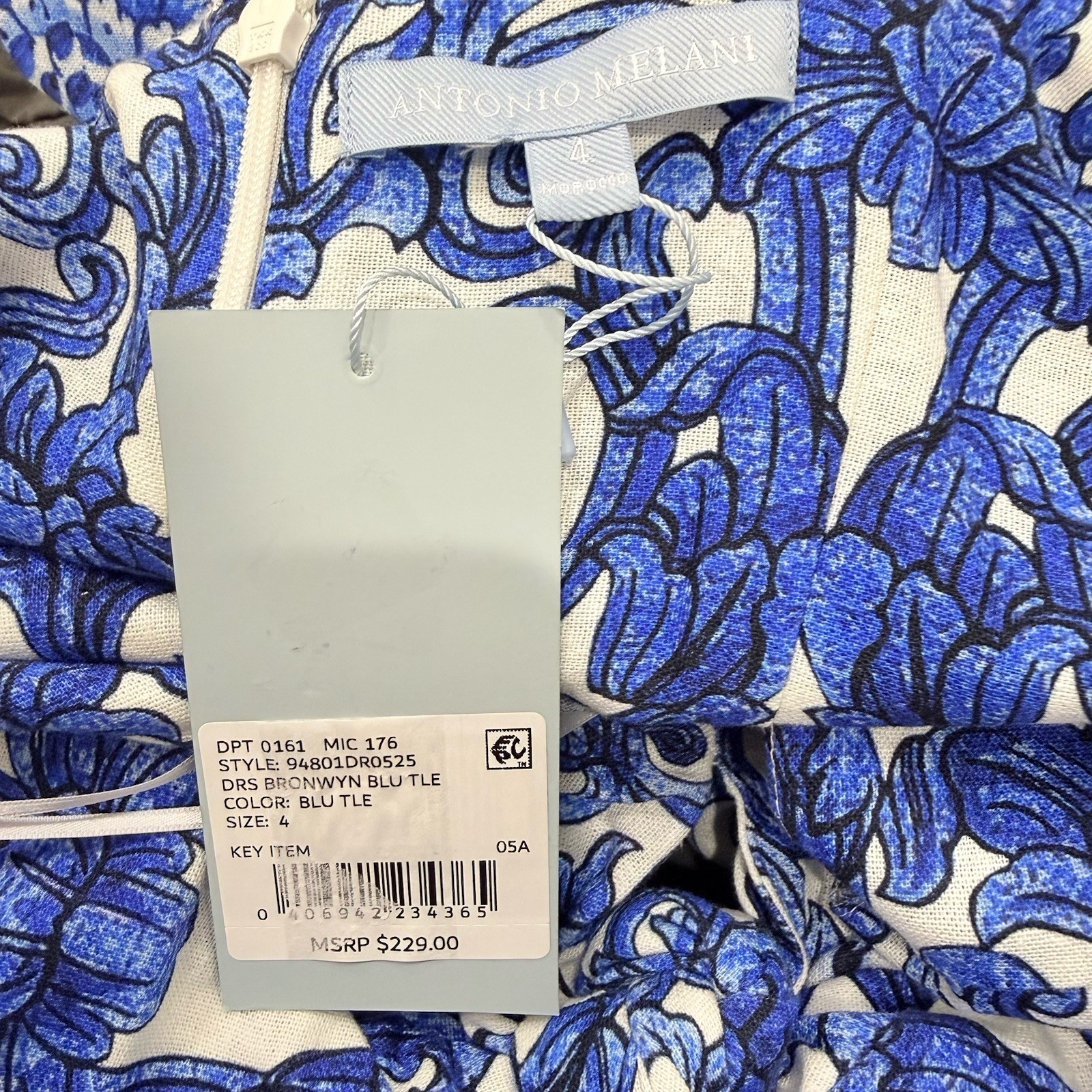 Antonio Melani Bronwyn Blue Tile Print Linen Blend A-Line Halter Maxi Dress SZ 4