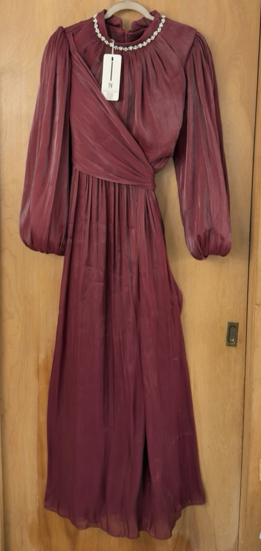 Amine Huma Women’s Long Chiffon Embellished Wrap Dress Burgundy Sz 46 US 16 NWT