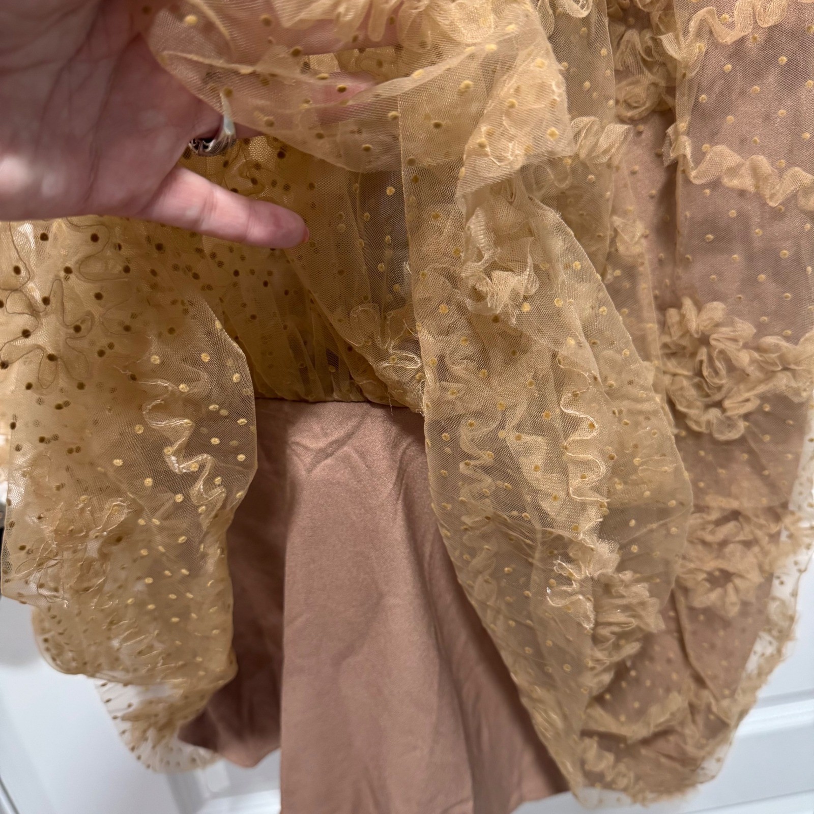 Just Me Tan Tulle Swiss Dot Tiered Ruffle Midi Dress