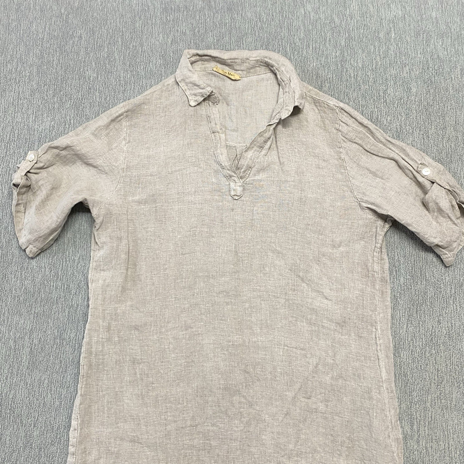 Meo Meli Tunic Top 100% Linen One Size Taupe Sand Pullover Roll Tab Short Sleeve