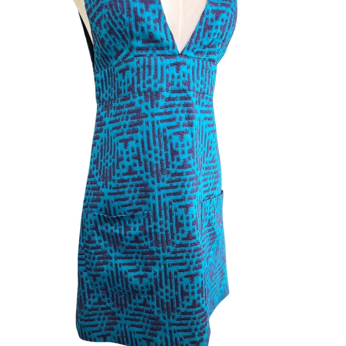 Anna Sui Teal Purple Jacquard Mini Dress Sleeveless Plunge Neck Size 0 USA