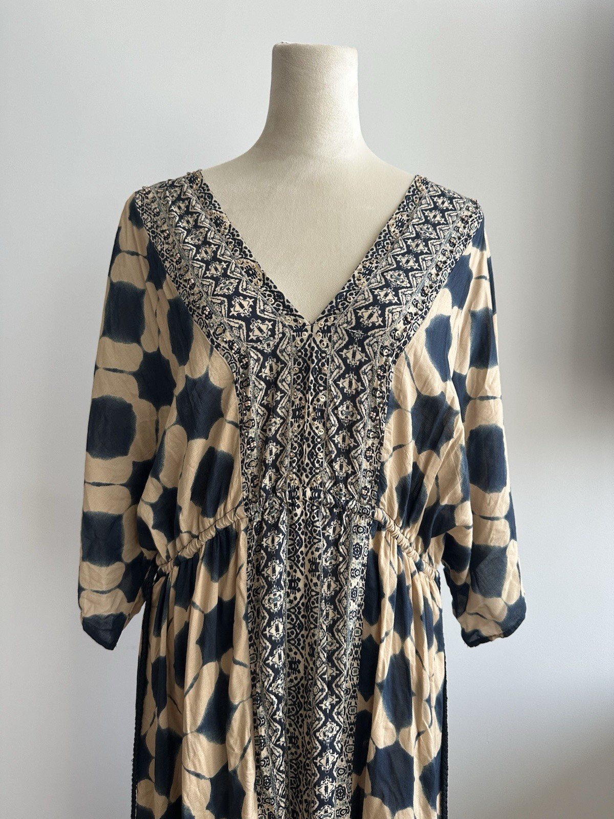 Zara Tan & Navy Geometric oversized Kaftan Dress Drawstring 100% Modal (XS-S)