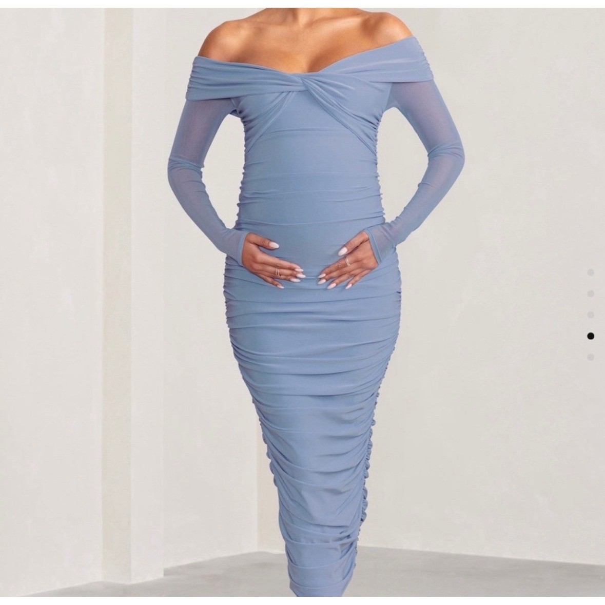 Club L London Dusty Blue Ruched Off Shoulder Midi Dress Long Sleeve Size 4