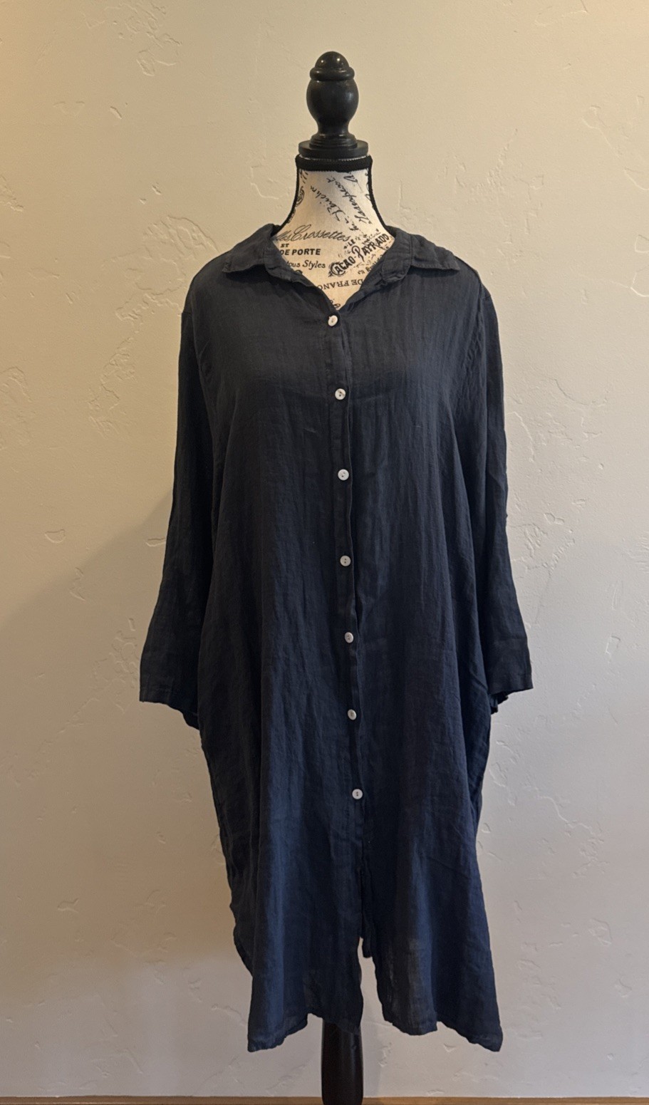 100% Linen Shirt Dress Made in Italy Navy Blue O/S Pearl Button Front 3/4 Sleeve