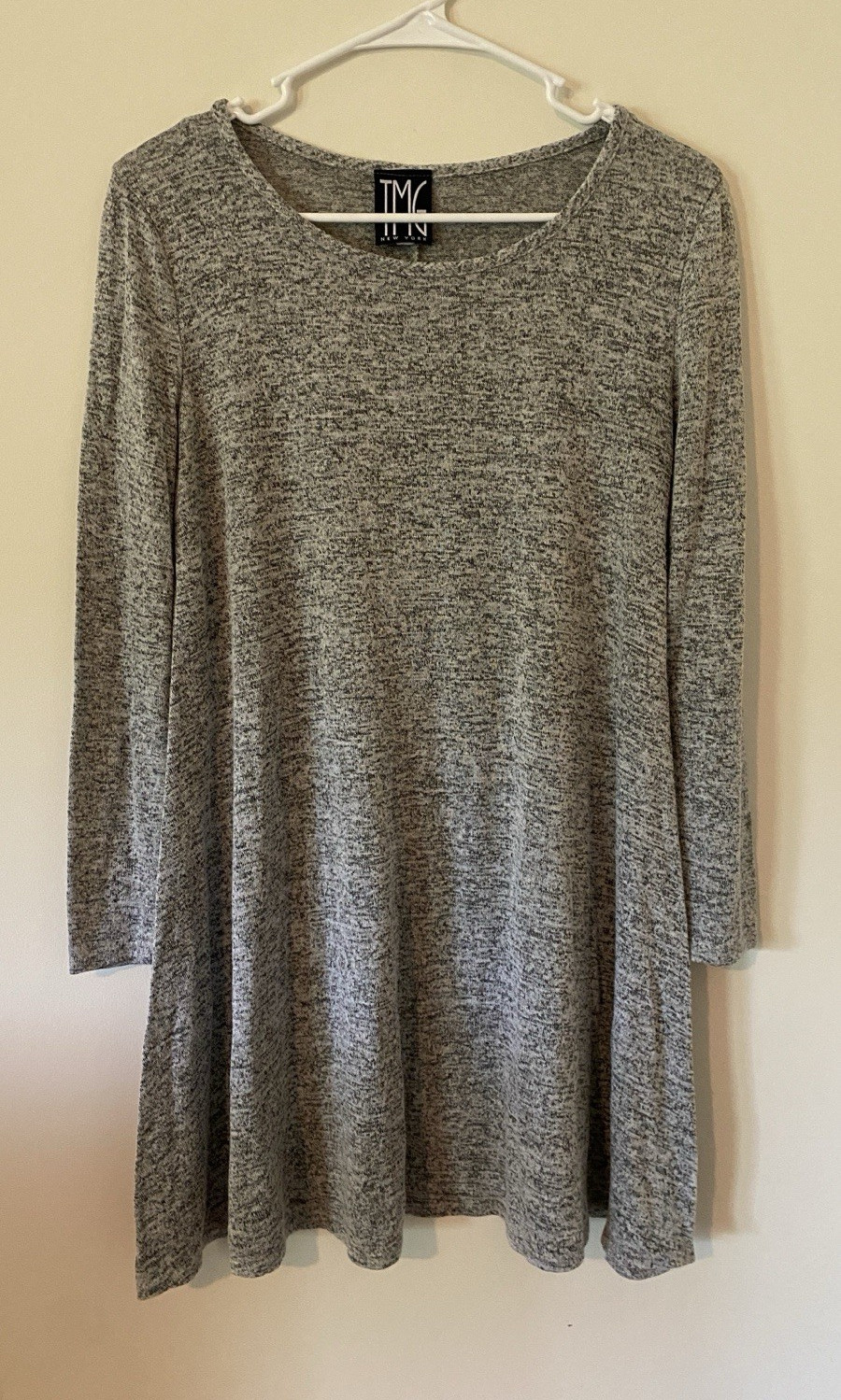 TMG New York Women’s L Gray Heathered Knit T-Shirt Dress Long Sleeve Stretch