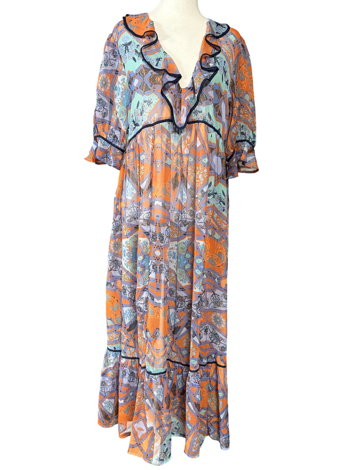 Free People Maxi Dress Womens Small Orange Motif Boho Sheer Ruffle OB1431642