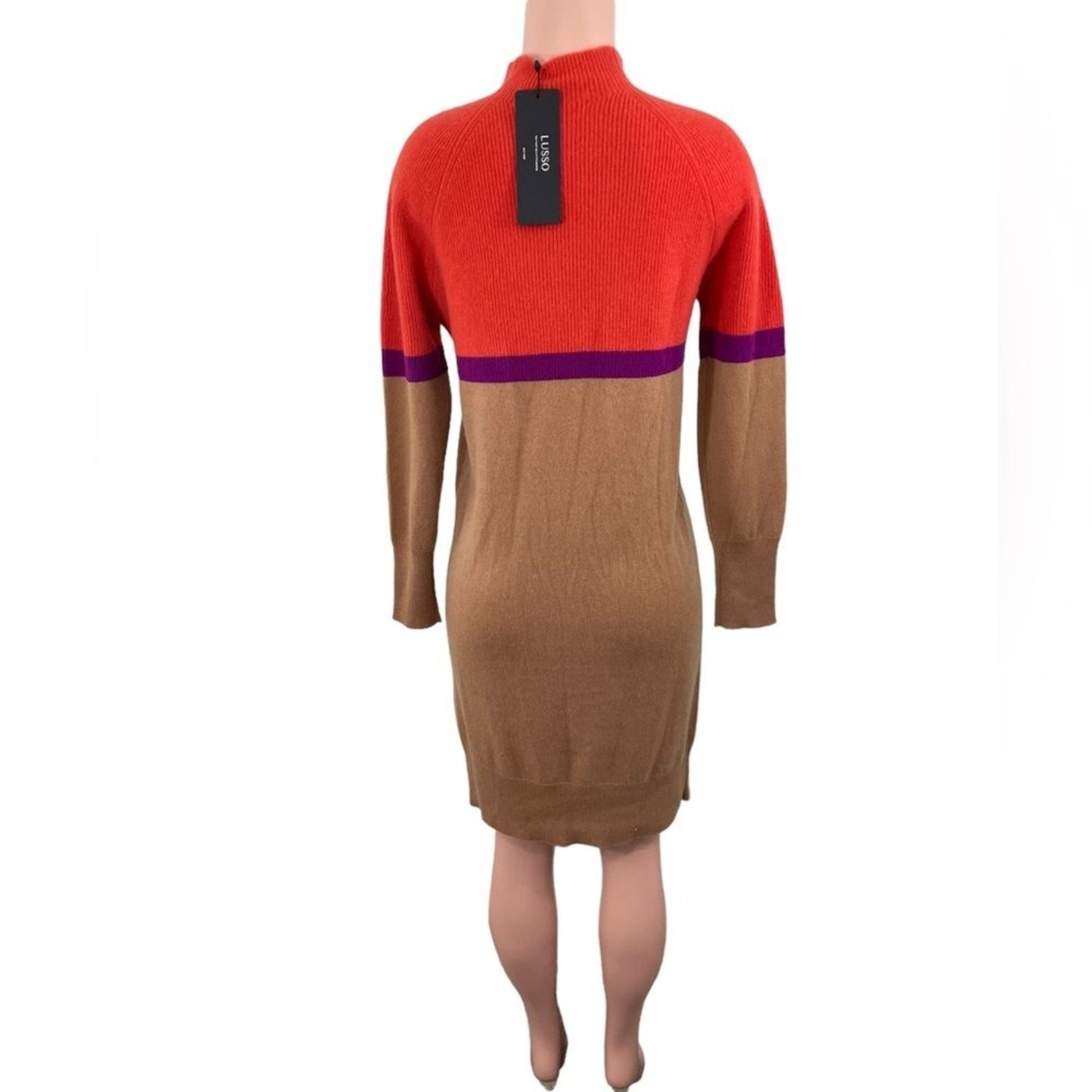 NWT LUSSO CASHMERE 100% Cashmere Sweater Dress MEDIUM Pumpkin Blaze Colorblock