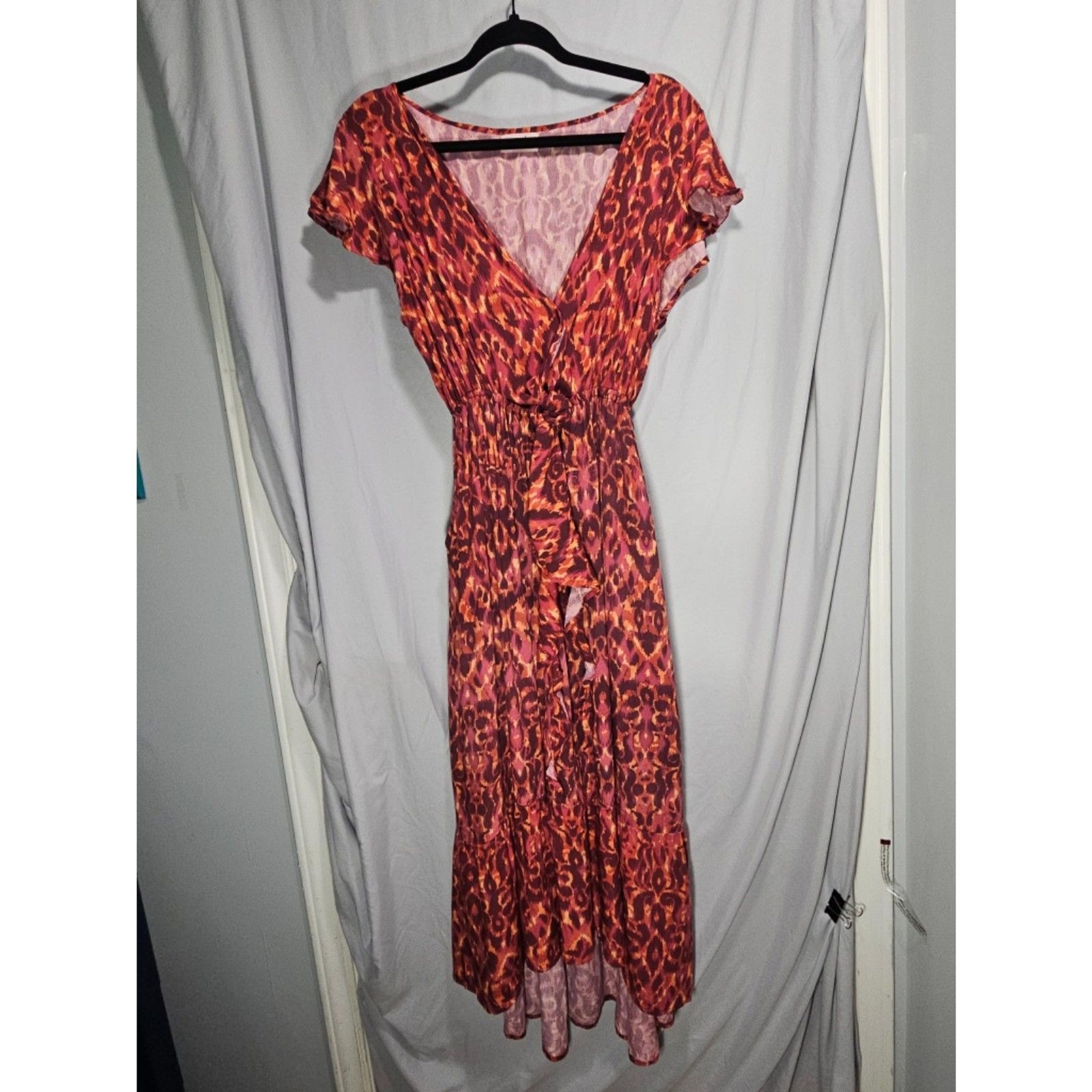 Tiare Hawaii Naturals Banana Viscose Dress OS Red Orange Tie Front High Low Maxi