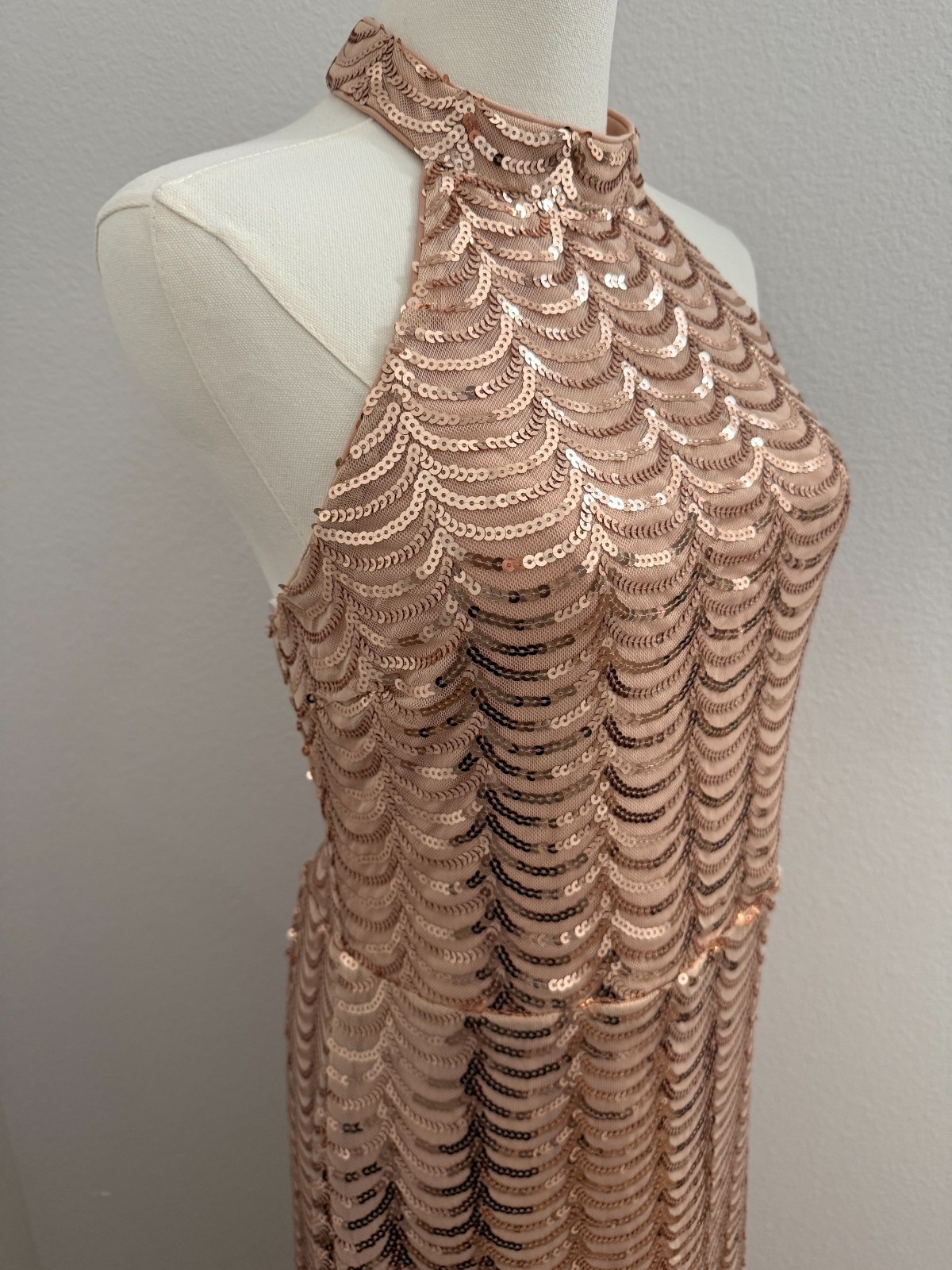 Lulus L Rose Gold Sequin Halter Maxi Dress Slit Formal Party Gala Wedding Guest