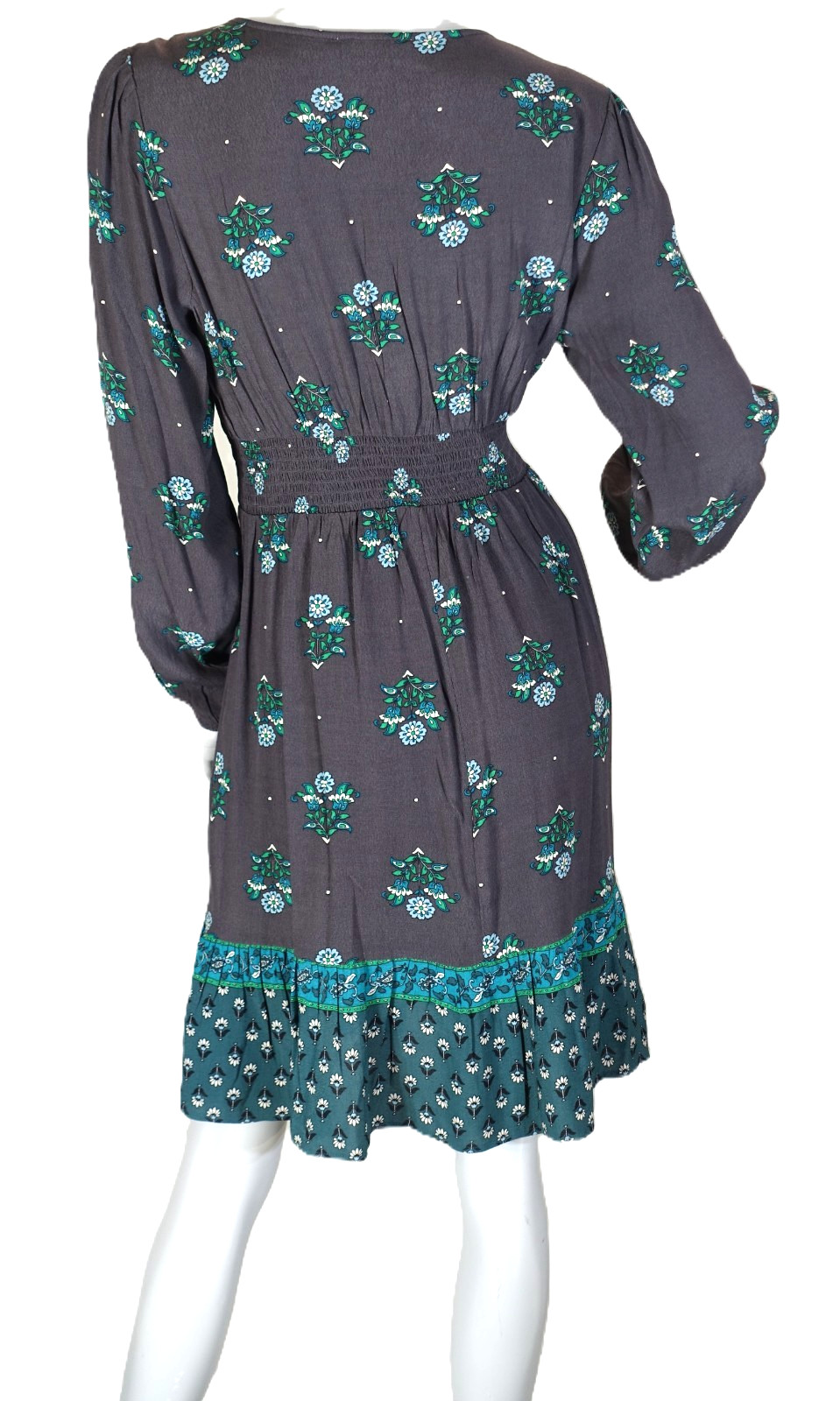 ANN TAYLOR LOFT~NWT!!~GRAY & GREEN FLORAL BOHO RUFFLED HEM DRESS SZ:M WASHABLE