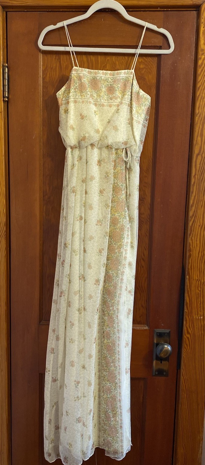 VTG 70s Handmade Chiffon Ivory Floral long Dress Gown Sheer Shawl Sleeveless XXS