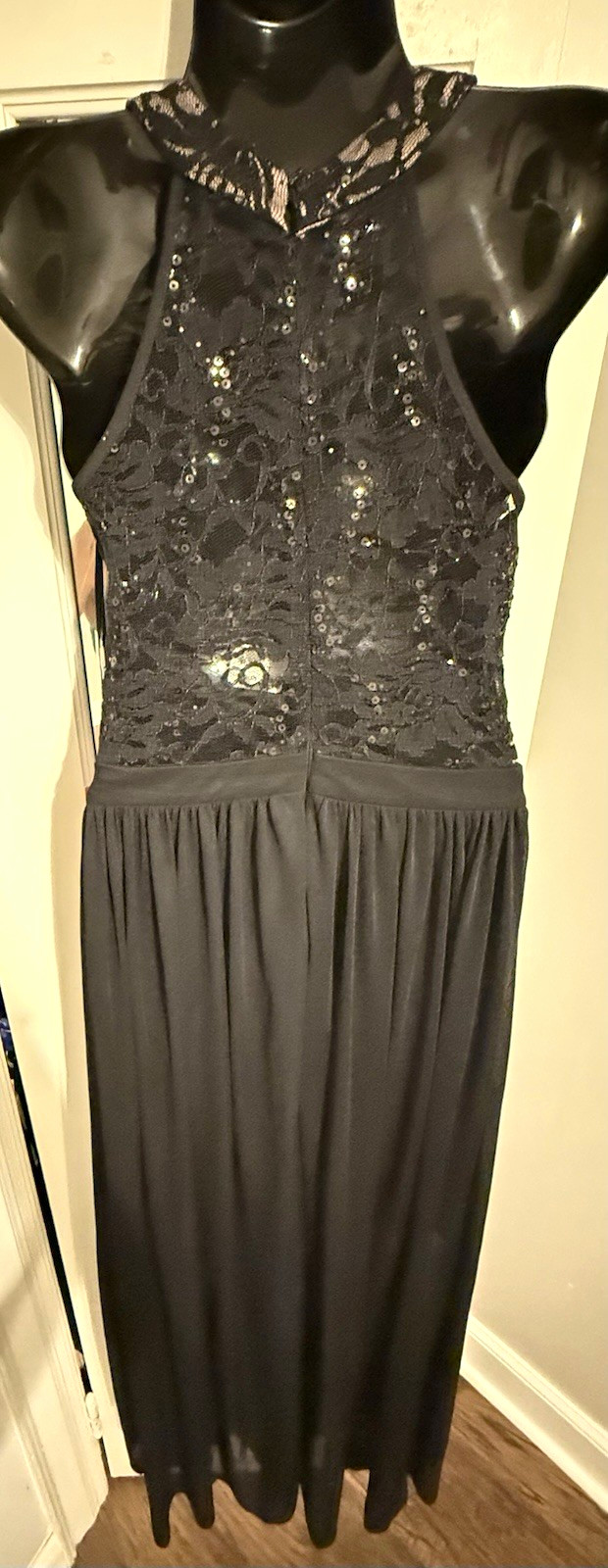 NWT Morgan & Co. Black Nude Floral Lace Sequin Halter Lined Zip Maxi Dress 1/2