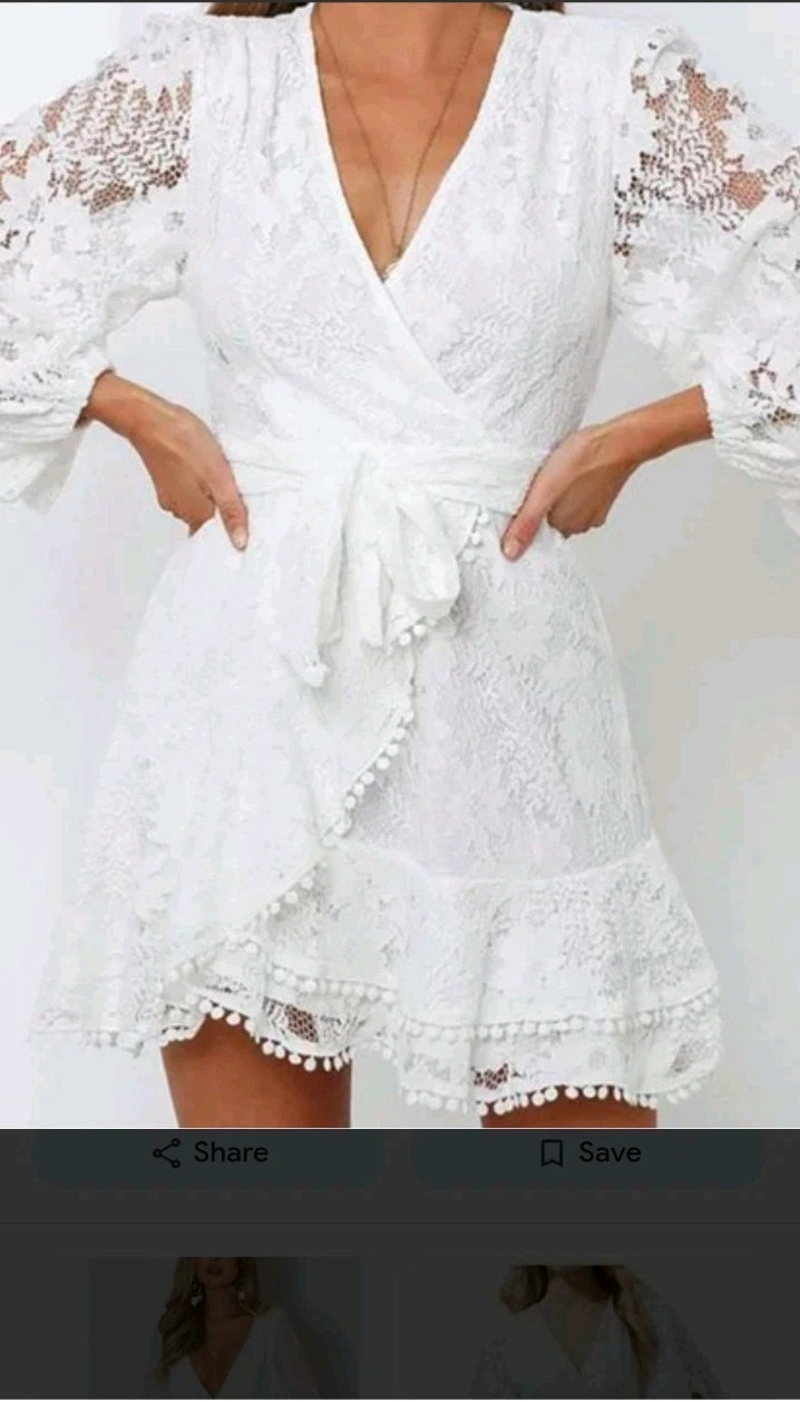 🎀WHITE LACE PARTY/OCASSION SHORT DRESS 12 L/TALL,EU 42L WRAP STYLE RUFFLE HEM