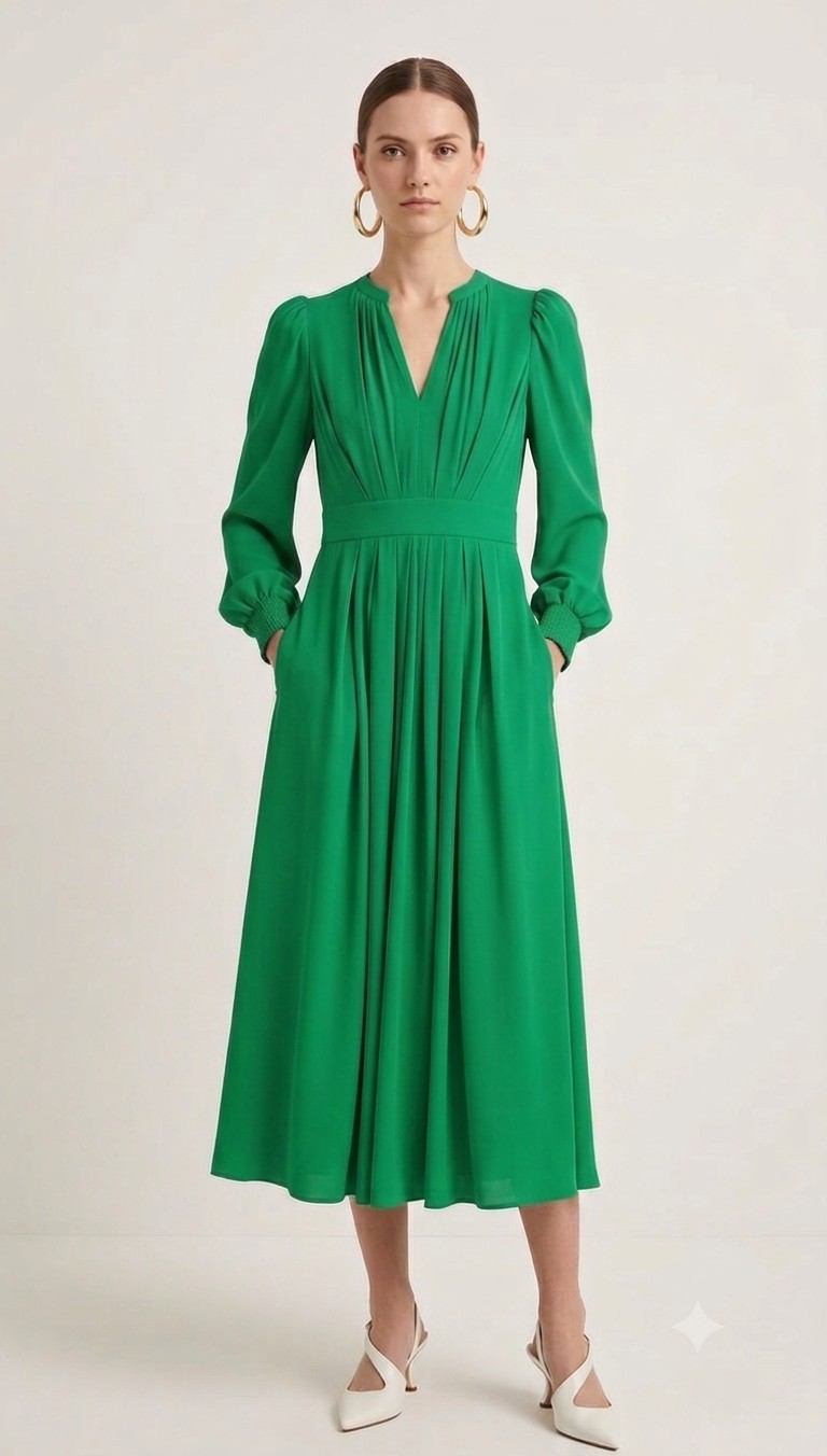 Boden Emerald Pleated Midi Dress 6 Blouson Sleeve Quiet Luxury Wedding Guest NWT