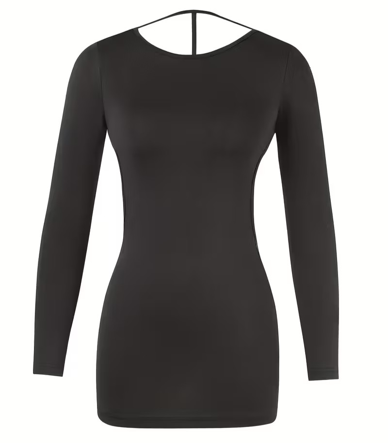 NEW Small Sexy Backless Black Long Sleeve Round Neck Sleek Mini Dress Bodycon