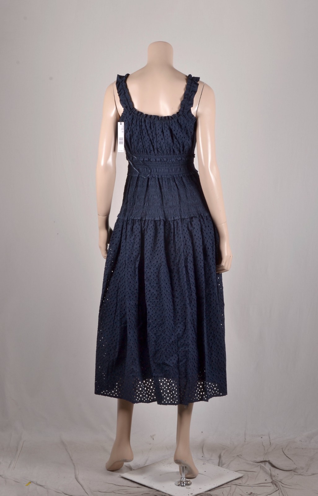 NWT $385 Elie Tahari Eyelet Smocked Midi Dress Navy S
