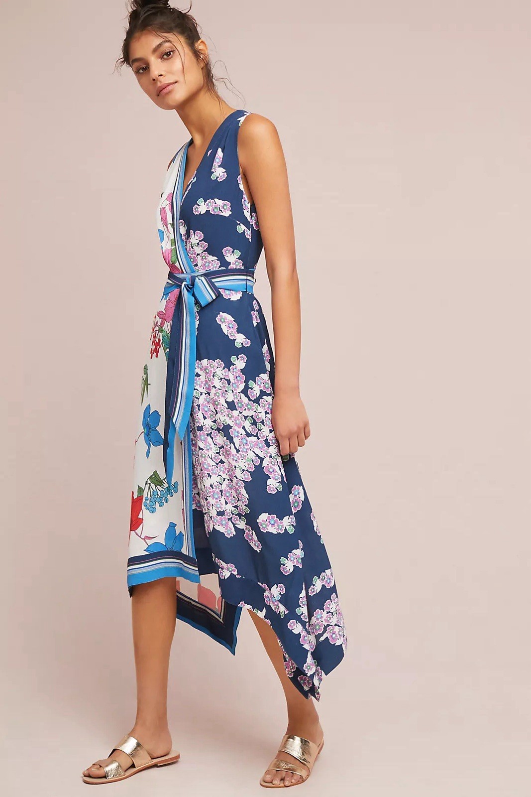 Maeve by Anthropologie Navy Floral V-Neck Wrap Midi Dress Lined Tie 0P