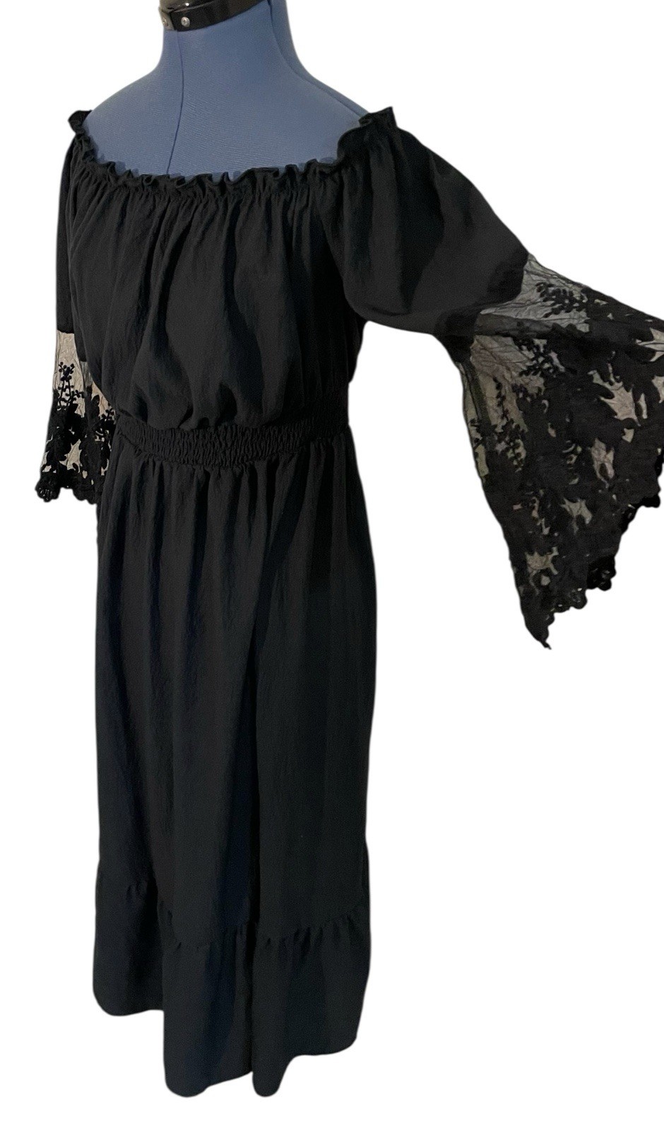 Black Off Shoulder Maxi Dress Lace Flare Sleeve Smocked Waist Ethereal Goth 2XL