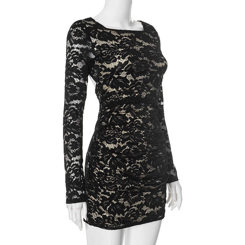 Womens Bodycon Long Sleeved A-line Lace Dress Sexy Backless Party Mini Dress