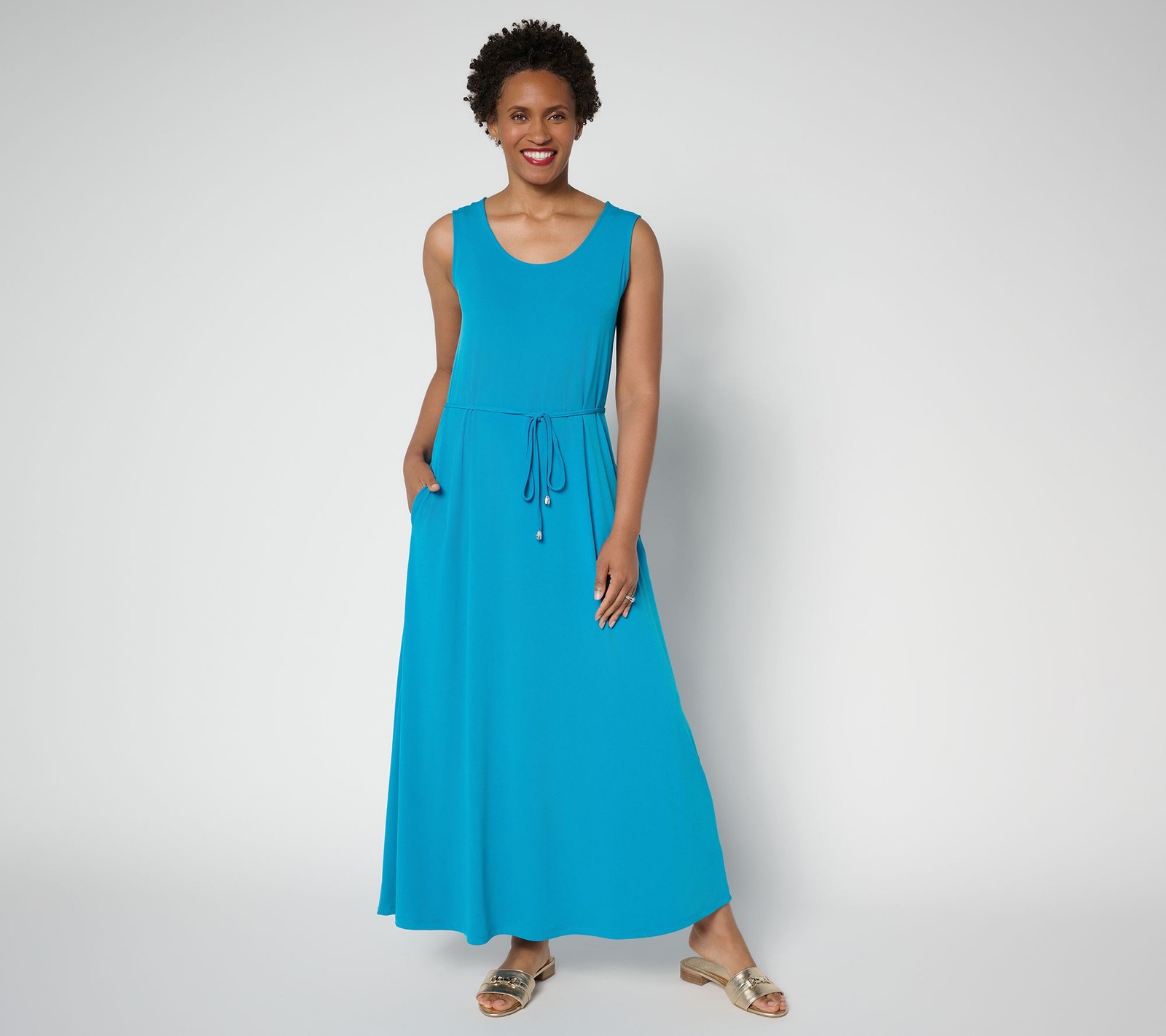 Susan Graver Regular Liquid Knit Belted Scoop Neck Maxi Dress Blue Fest L New