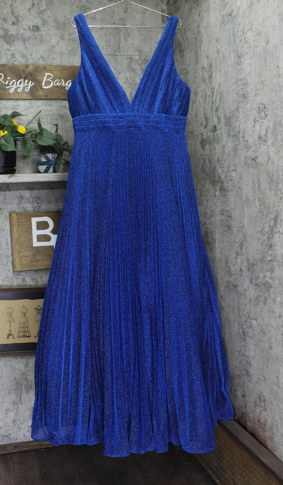 Ieena by Mac Duggal Shimmering Lurex Pleated Maxi Dress Gown Royal Navy Blue 14